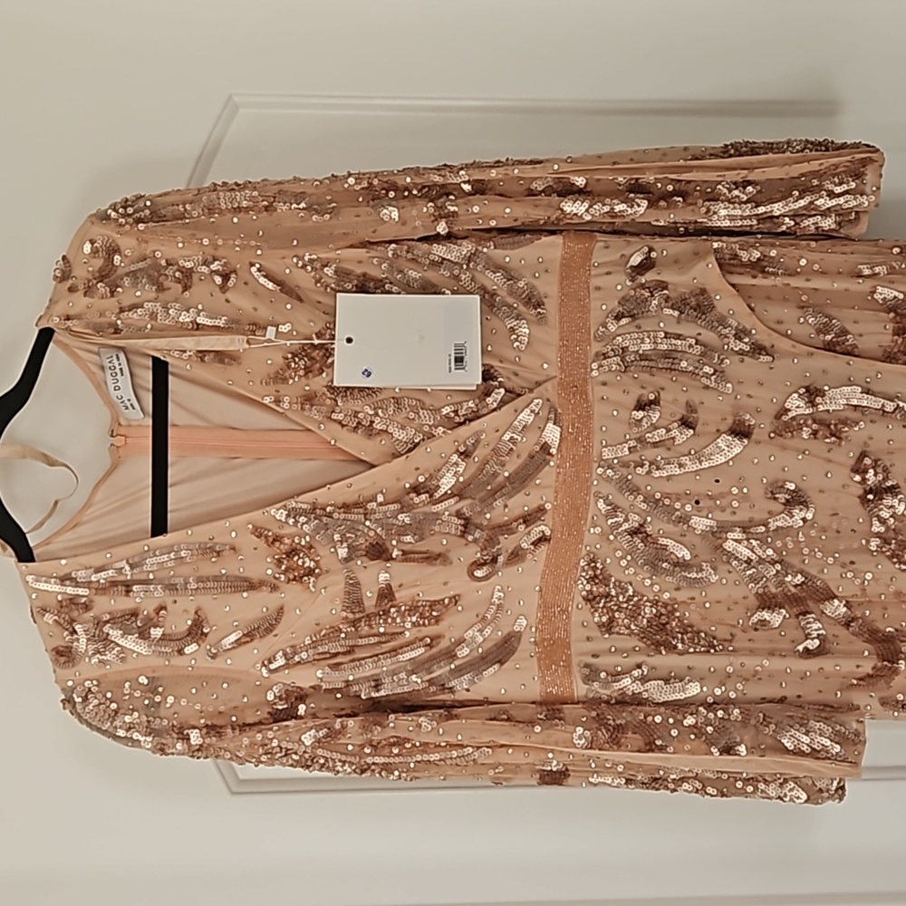 Mac DuggalSequined Faux Wrap Split Long Sleeve Gown - Picture 5 of 9